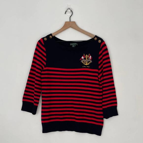 Vintage Lauren Jeans Co. Cotton Knit Striped Sweater Blue/Red Size Large - Picture 1 of 4